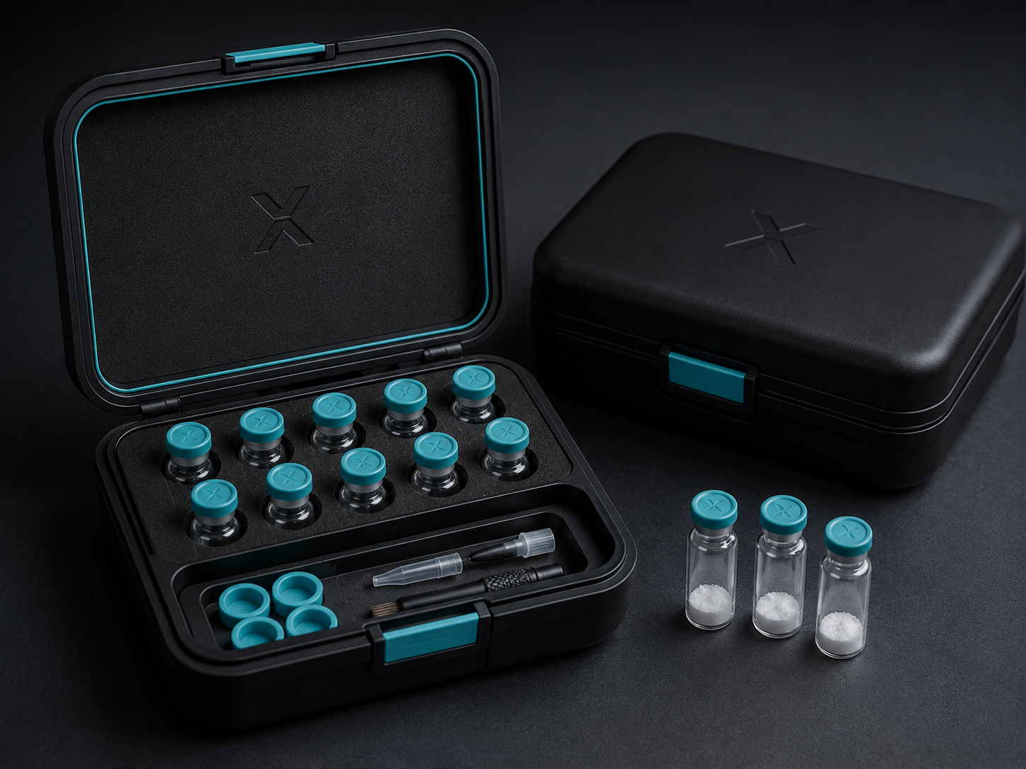 Estuche de laboratorio NexGn Lab con viales de tapa cyan en espuma protectora